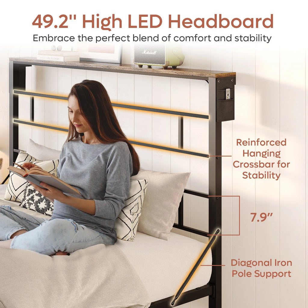 Queen Size Black Metal Platform Bed Frame with LED Storage Headboard L409117