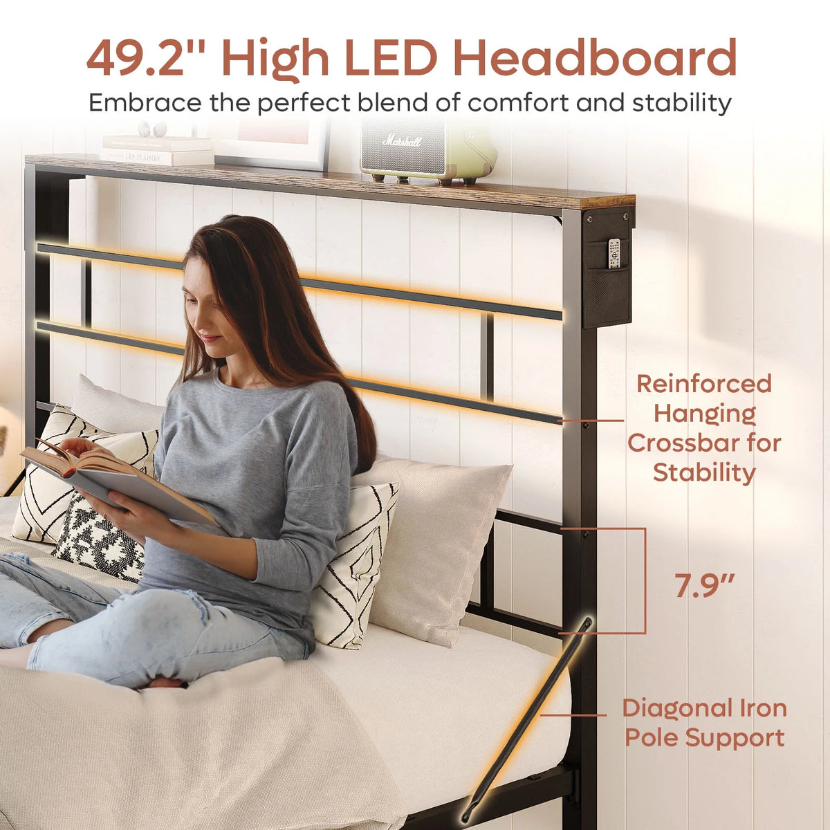 Queen Size Black Metal Platform Bed Frame with LED Storage Headboard L409117