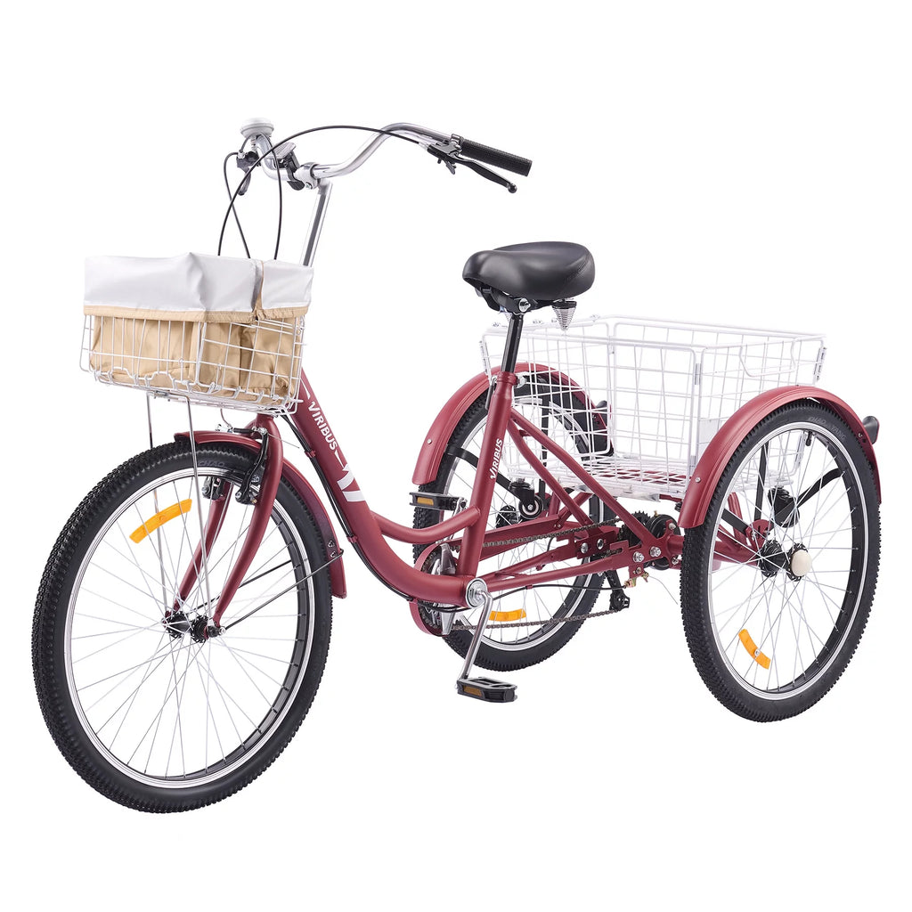 24 Inch 7 Speed Adult Trike with Adjustable Seat and 2 Baskets Matte Gray H96469