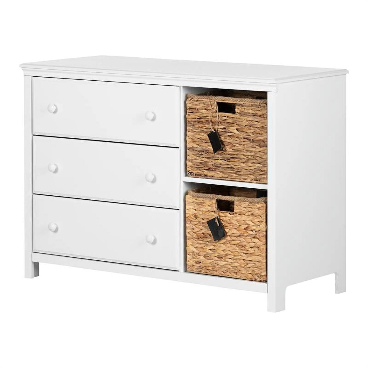 White 3 Drawer Wood Dresser with Basket J456