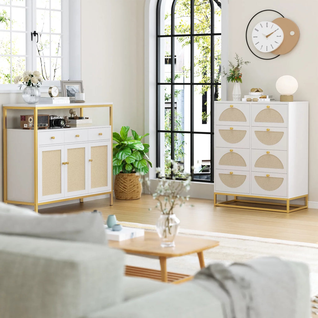 White 8 Drawer Rattan Wood Dresser S98592