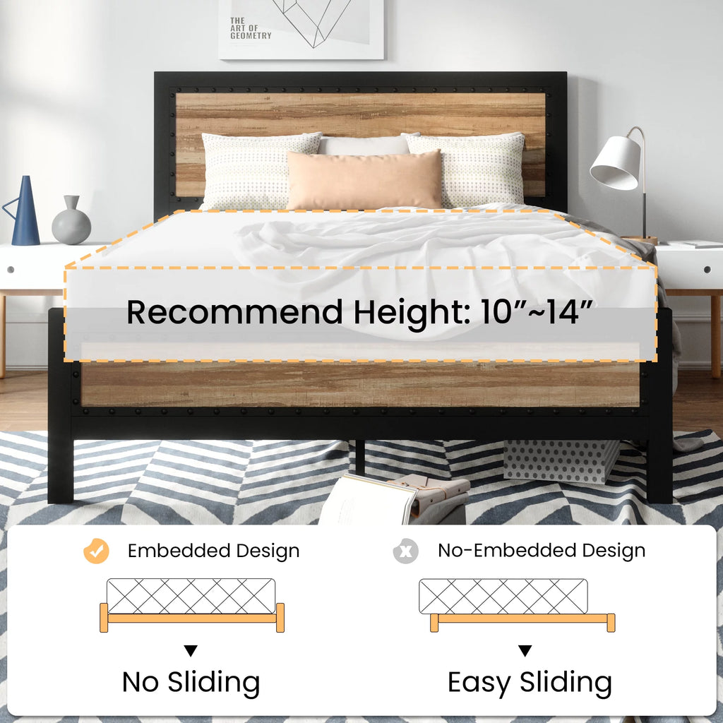 Queen Heavy Duty Metal Platform Bed Frame with Wood Headboard G731