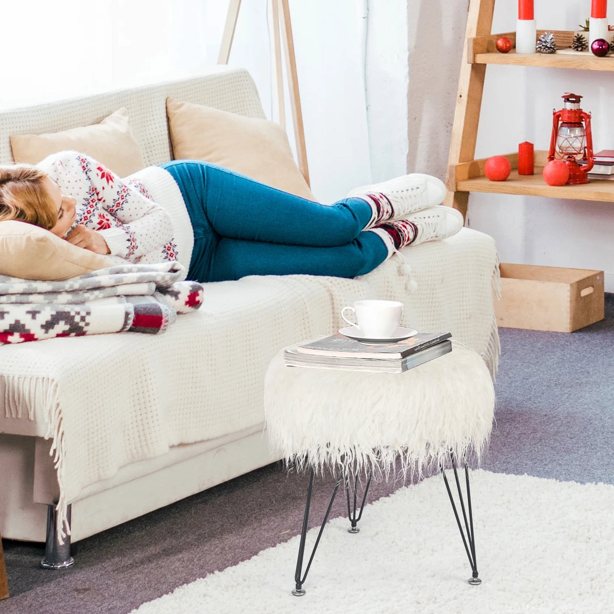 Faux Fur Ottoman Footrest with Metal Legs White X411