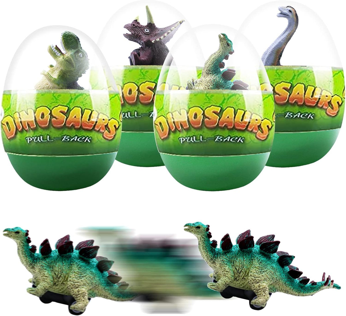 4 Pack Jumbo Prefilled Easter Eggs with Dinosaur Pull Back Cars H50062