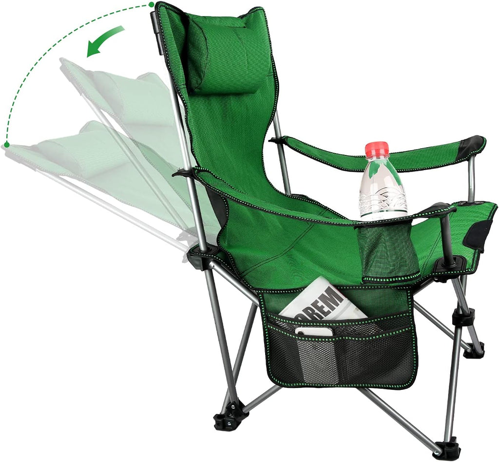 Green Folding Adjustable Recliner Camping Chair with Headrest Cup Holders Side Pocket K53016