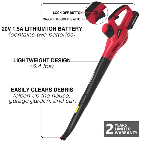 20V Cordless Handheld Leaf Blower with 2.0Ah Batteries and Charger P773558