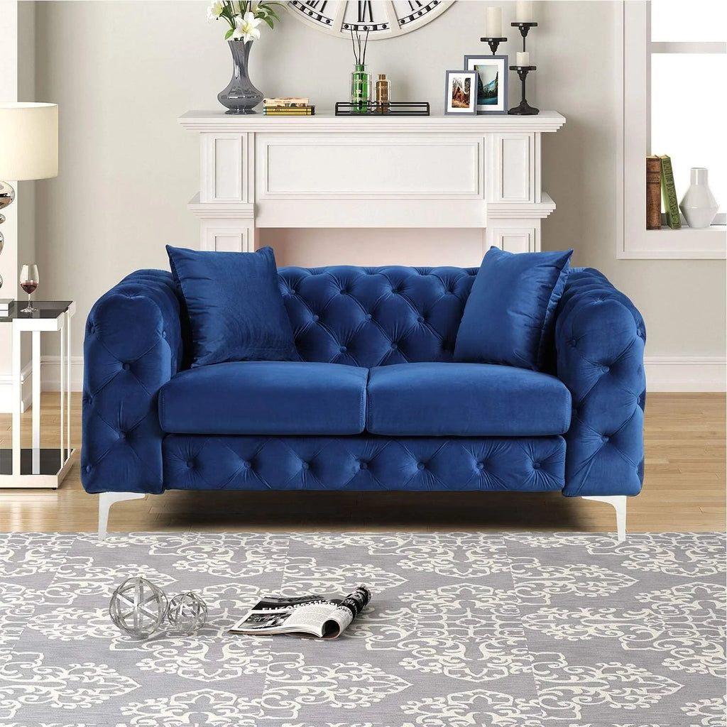 Blue Velvet Loveseat and Sofa Set with Solid Wood Frame and Iron Legs T413