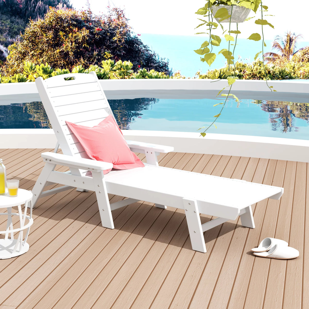White Plastic Outdoor Chaise Lounge Chair with Adjustable Backrest I3455