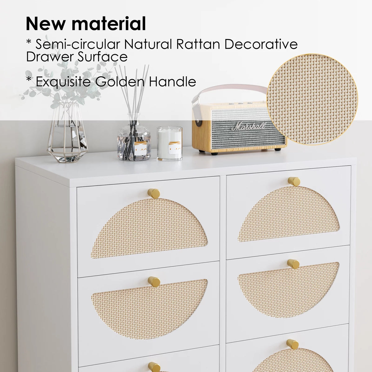 White 8 Drawer Rattan Wood Dresser S98592