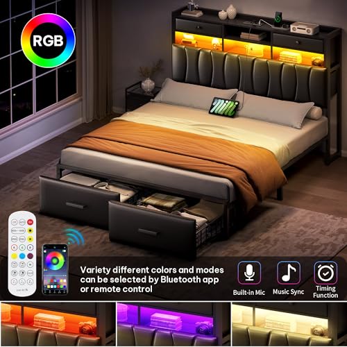 King Size Upholstered Platform Bed with 2 Storage Drawers and LED Light, Black C913710