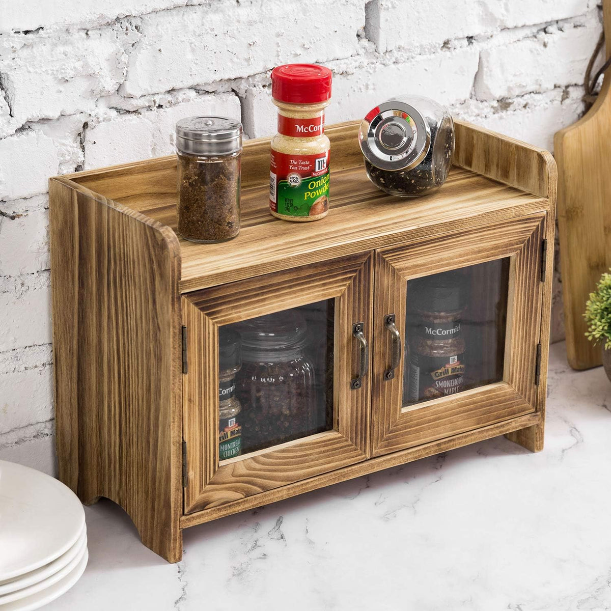 Dark Brown Wood Counter Top Storage Cabinet with Glass Windows A52683