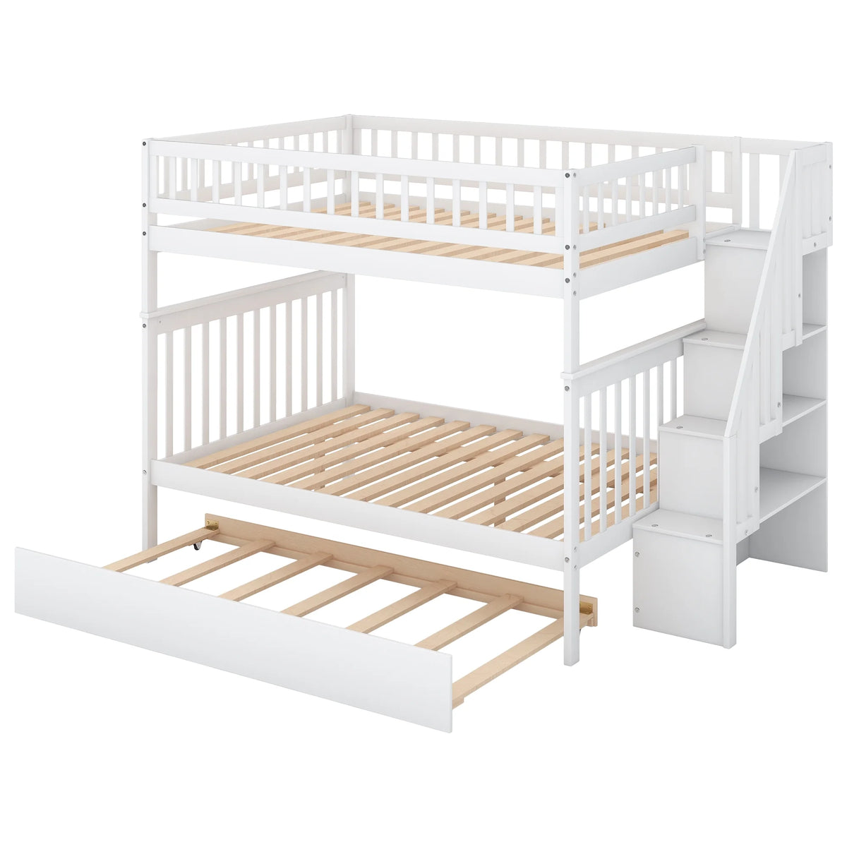 White Full over Full Bunk Bed with Trundle and Storage Shelves A2155