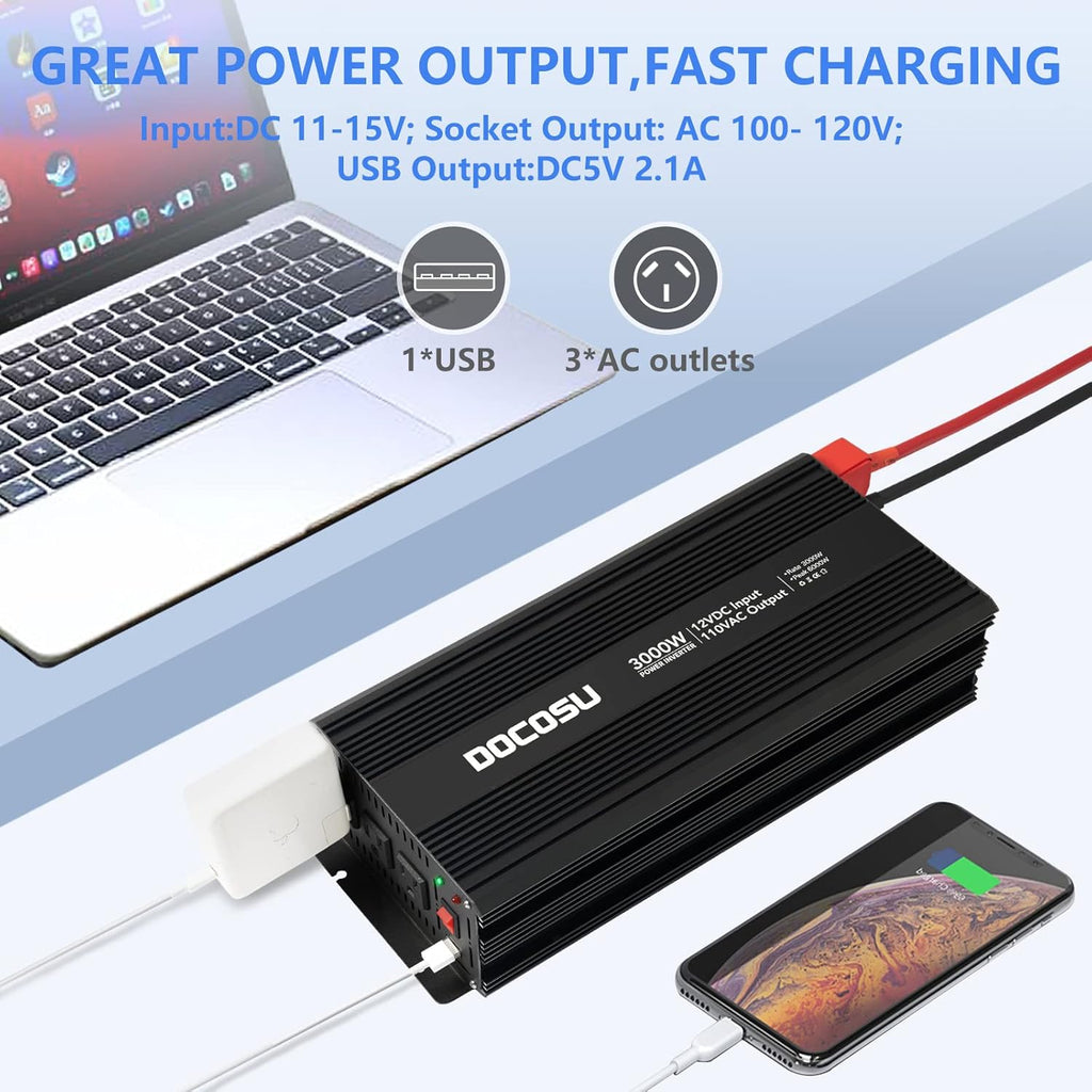 3000 Watt Power Inverter with 3 AC Outlets Modified Sine Wave M19084