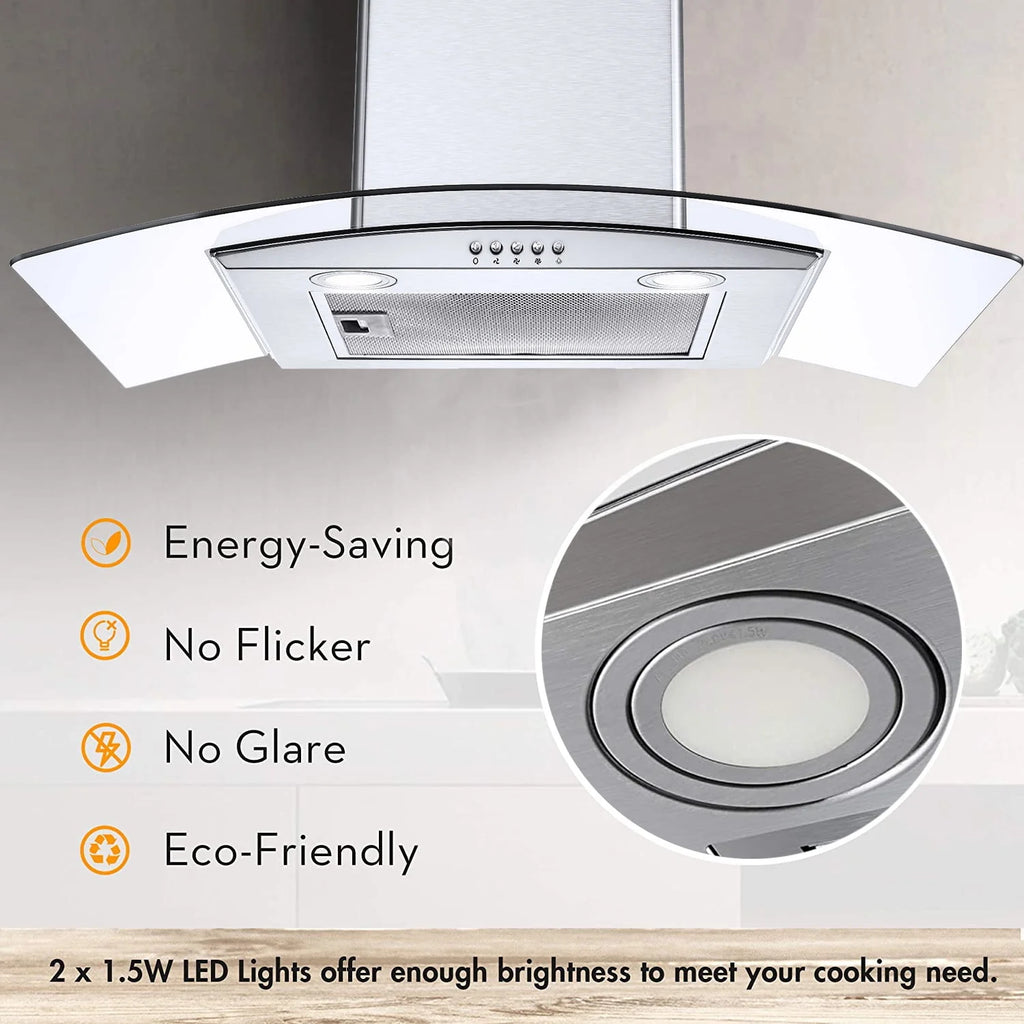 30 inch Wall Mount Range Hood 450CFM Tempered Glass 3-Speed E77762