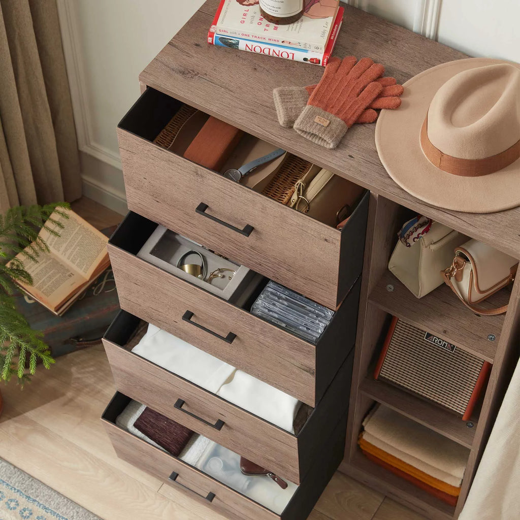 4 Drawer Dresser with Clothes Rack and Shelves I689675