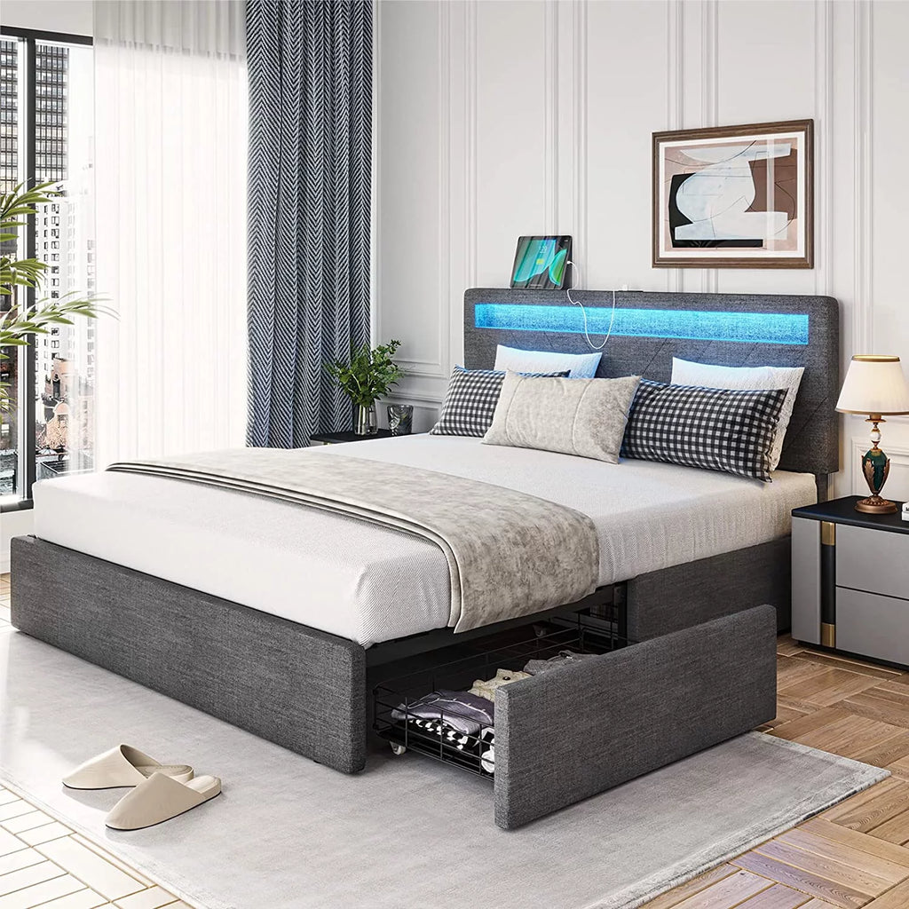 Queen Bed Frame with LED Lights Headboard, 4 Drawers, 2 USB Charging Station, Upholstered Platform Bed, Dark Gray L44639