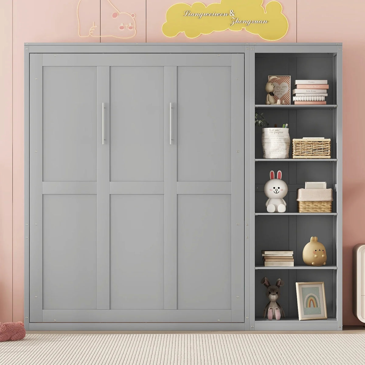 Full Size Gray Murphy Bed with Side Bookshelf Y38885