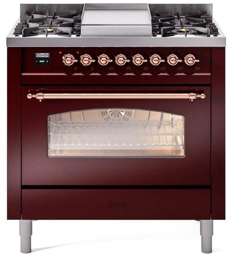 36 Dual Fuel Natural Gas Range in Burgundy with Copper Trim O21636