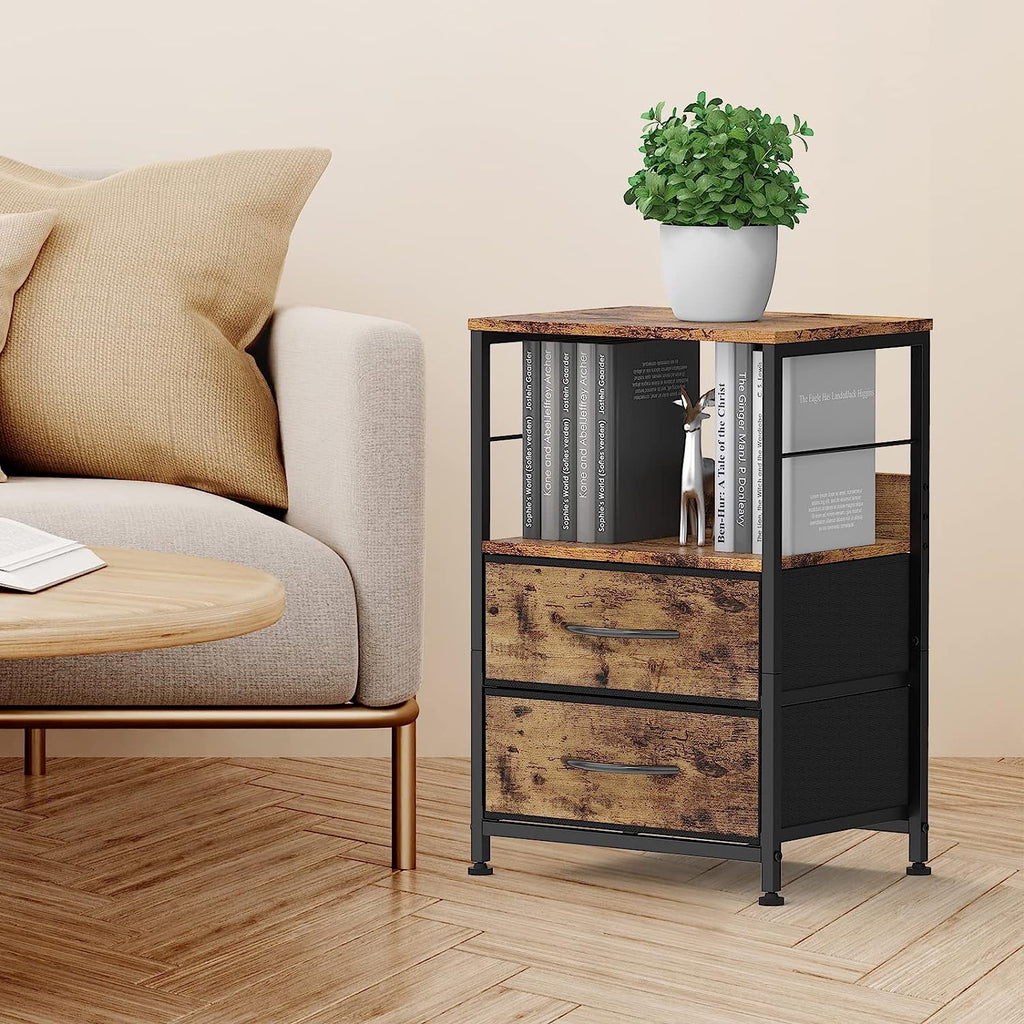 Brown Wood Nightstand with 2 Drawers and Open Shelf K802