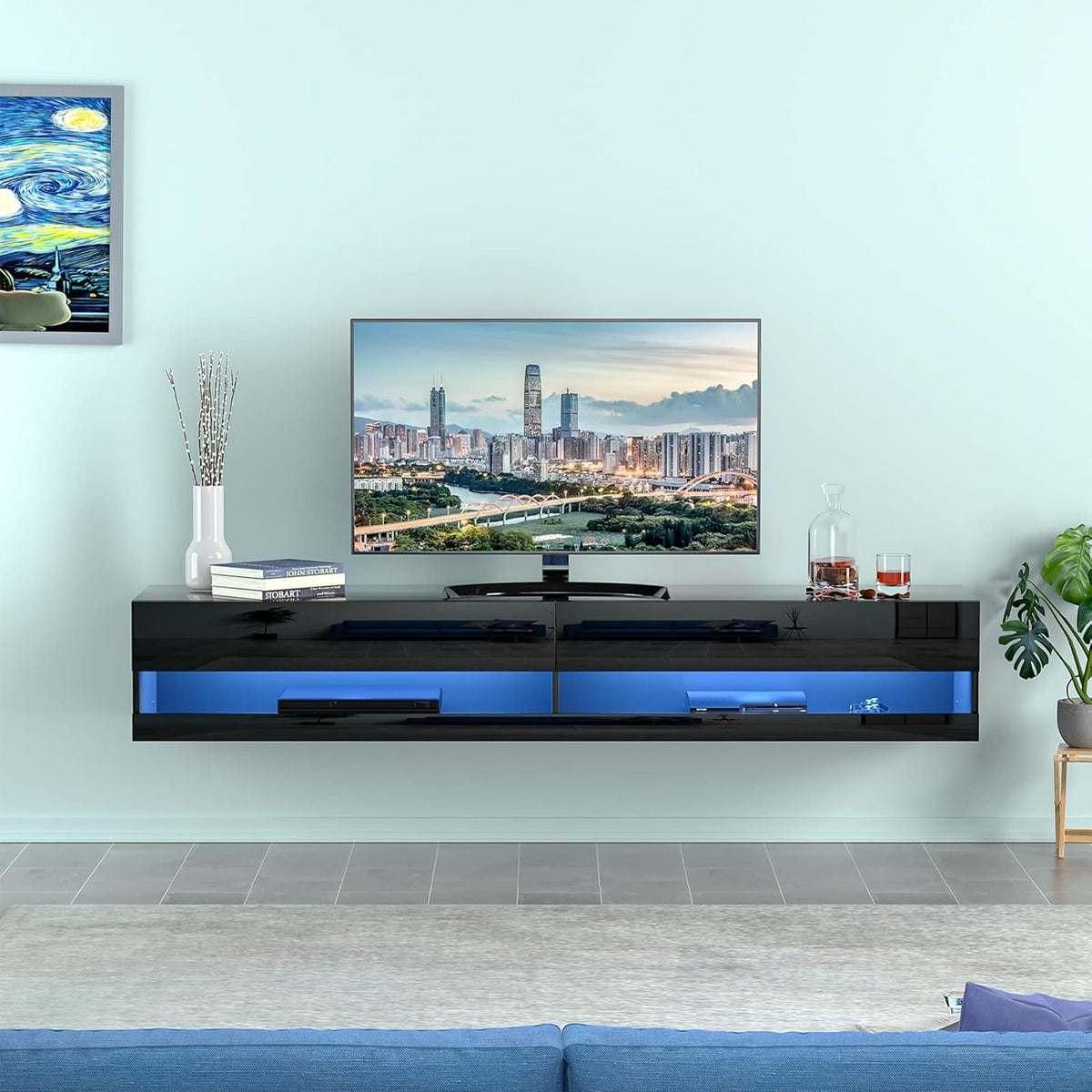 71 Inch High Glossy Wall Mounted TV Stand with LED Light O15942