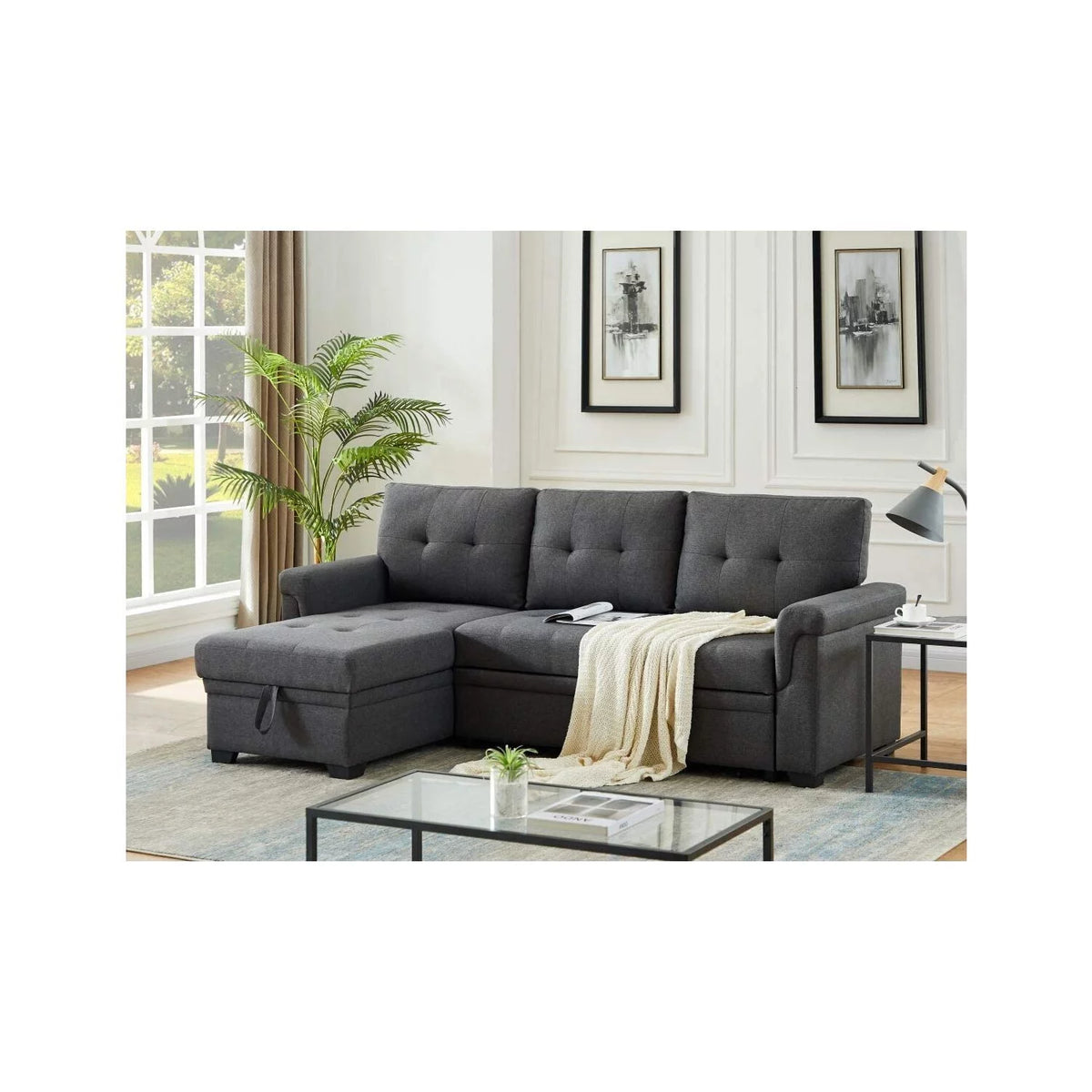 Dark Gray Linen Reversible Sleeper Sectional Sofa with Storage Chaise Q543327