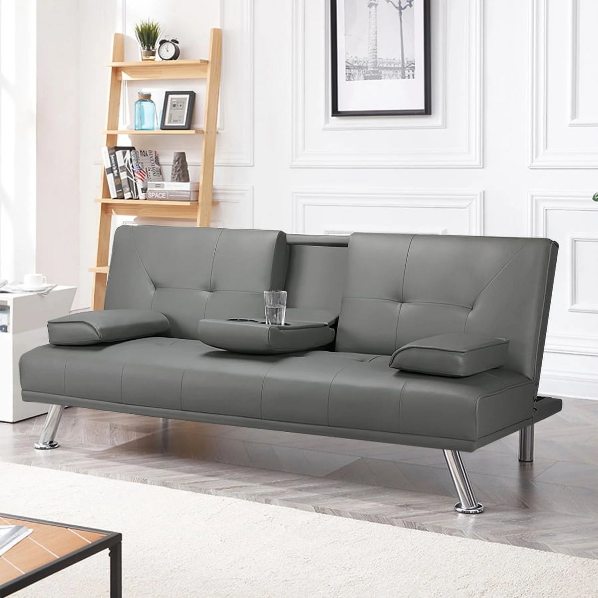 Black Faux Leather Futon with Cupholders and Pillows A7828