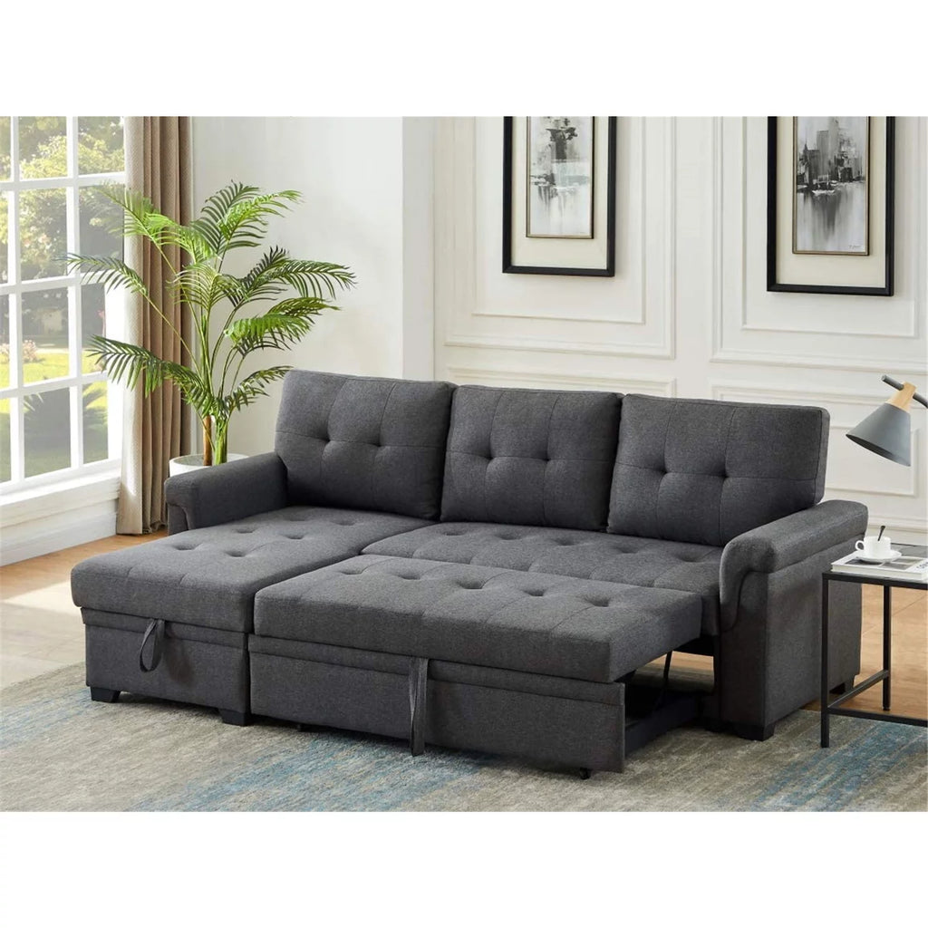 Dark Gray Linen Reversible Sleeper Sectional Sofa with Storage Chaise Q543327