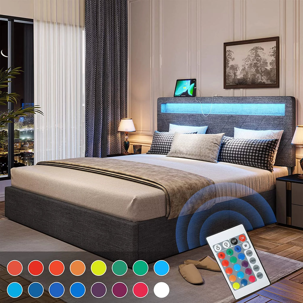 Queen Bed Frame with LED Lights Headboard, 4 Drawers, 2 USB Charging Station, Upholstered Platform Bed, Dark Gray L44639