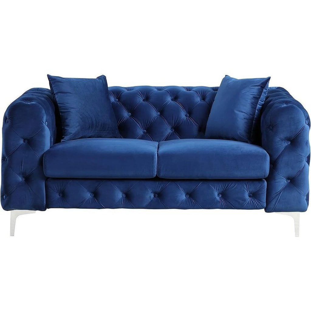 Blue Velvet Loveseat and Sofa Set with Solid Wood Frame and Iron Legs T413
