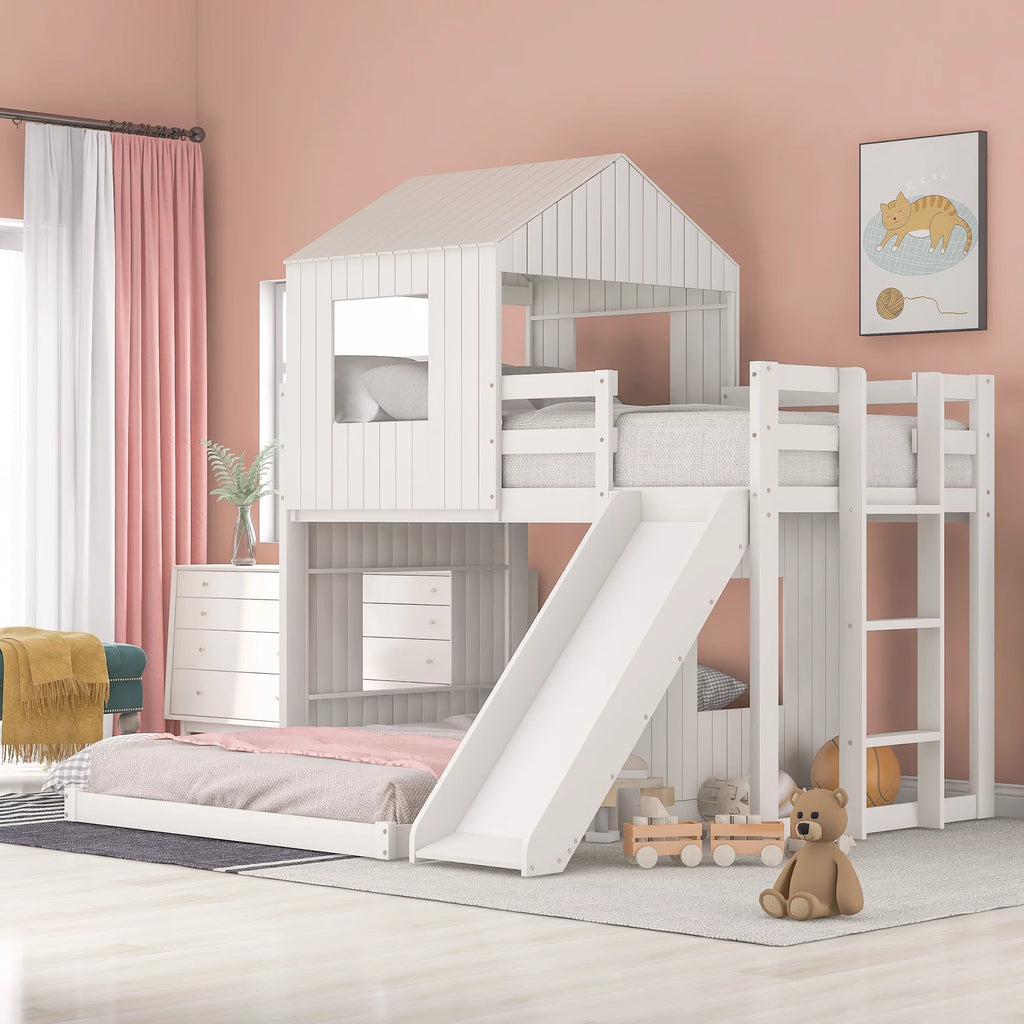 White Wooden Twin Over Full Bunk Bed with Ladder, Slide and Guardrails A6757