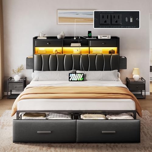 King Size Upholstered Platform Bed with 2 Storage Drawers and LED Light, Black C913710