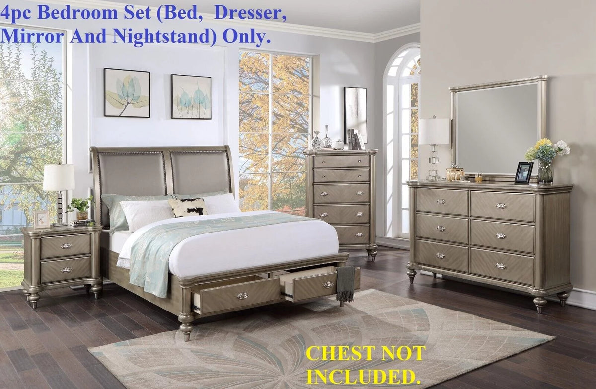 Grey 4pc Eastern King Size Bedroom Furniture Set with Dresser Mirror Nightstand H617