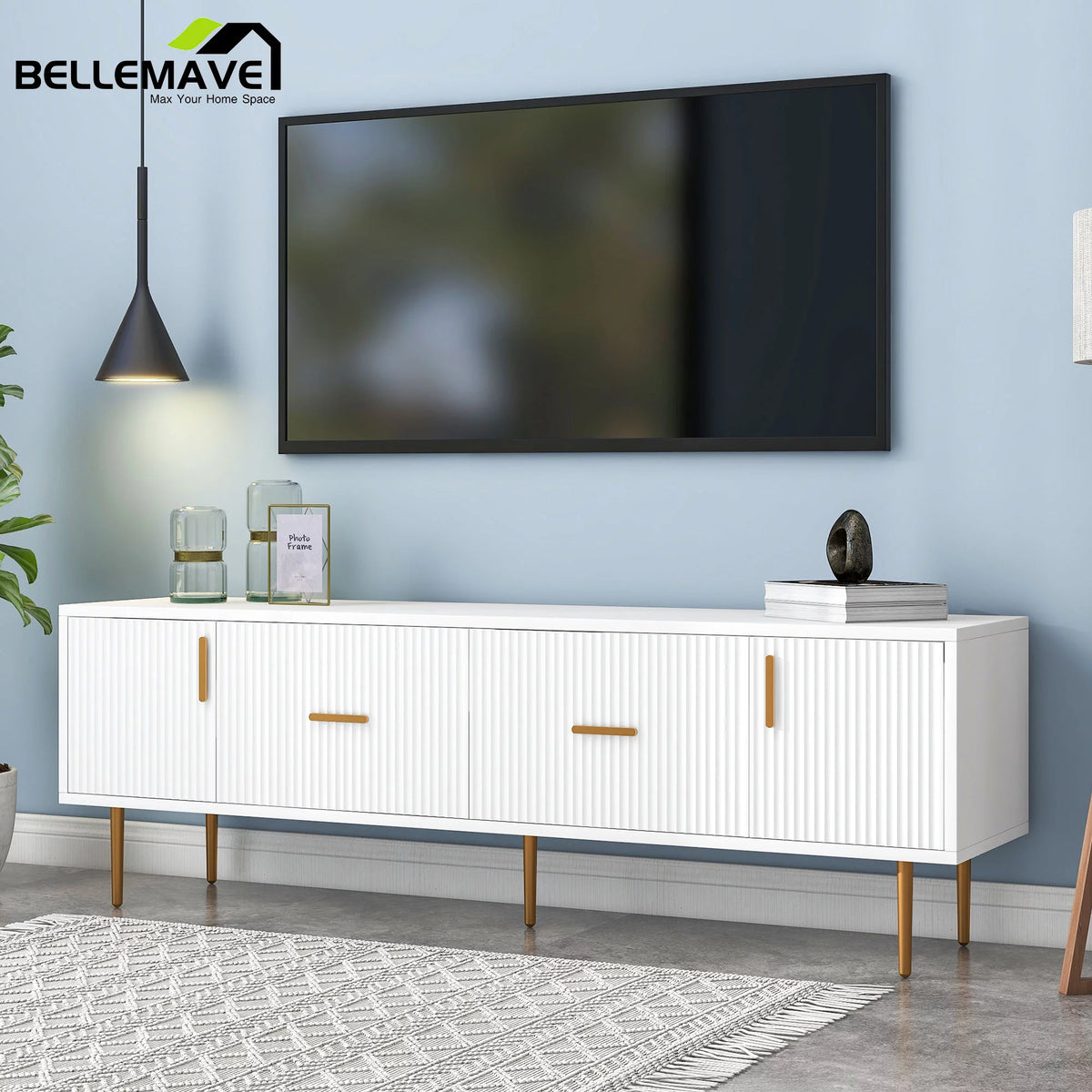 White Wood TV Stand with 2 Drawers and Cabinets W780