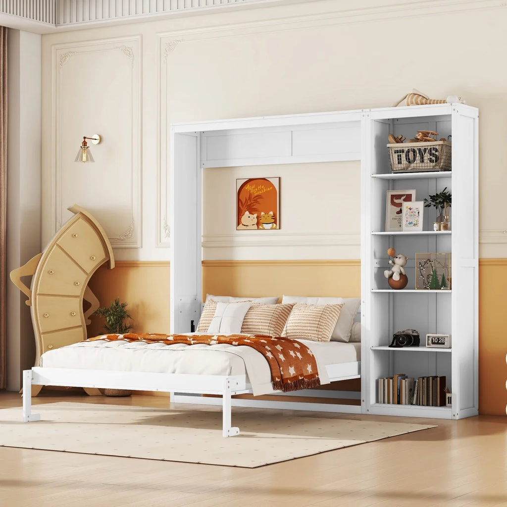 Full Size Gray Murphy Bed with Side Bookshelf Y38885