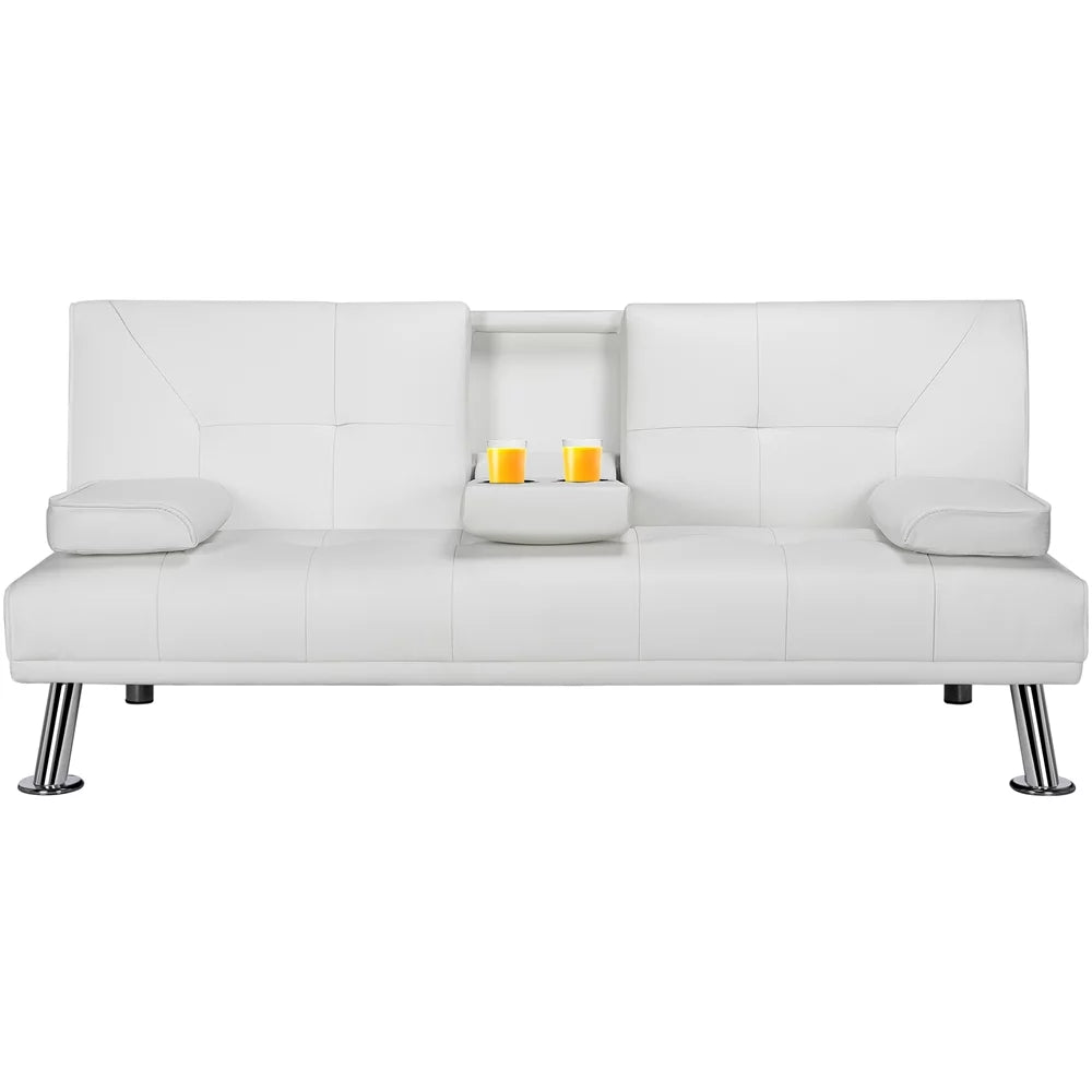 Black Faux Leather Futon with Cupholders and Pillows A7828