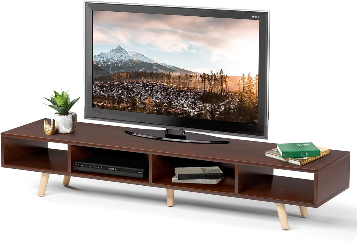 Mid-Century Modern TV Stand with 4 Storage Shelves, Walnut V25664