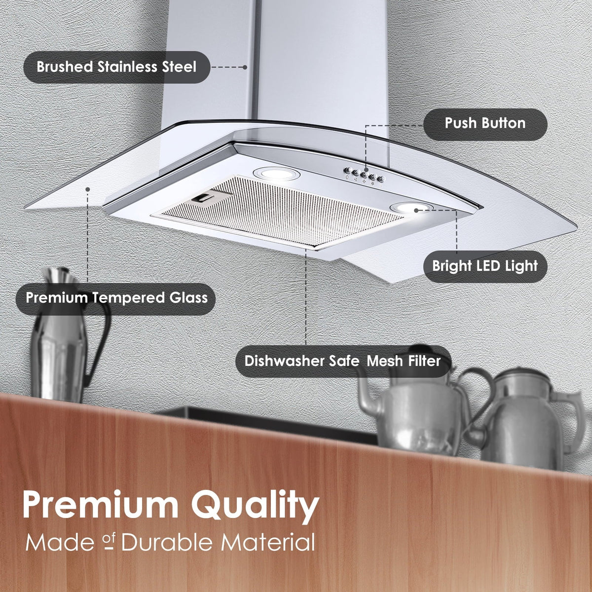 30 inch Wall Mount Range Hood 450CFM Tempered Glass 3-Speed E77762