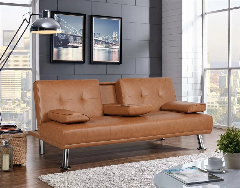 Black Faux Leather Futon with Cupholders and Pillows A7828
