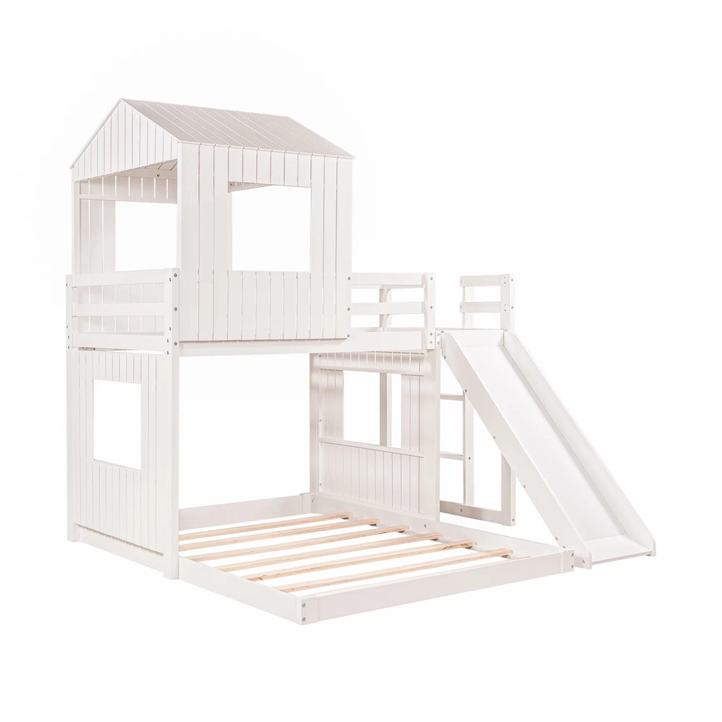 White Wooden Twin Over Full Bunk Bed with Ladder, Slide and Guardrails A6757