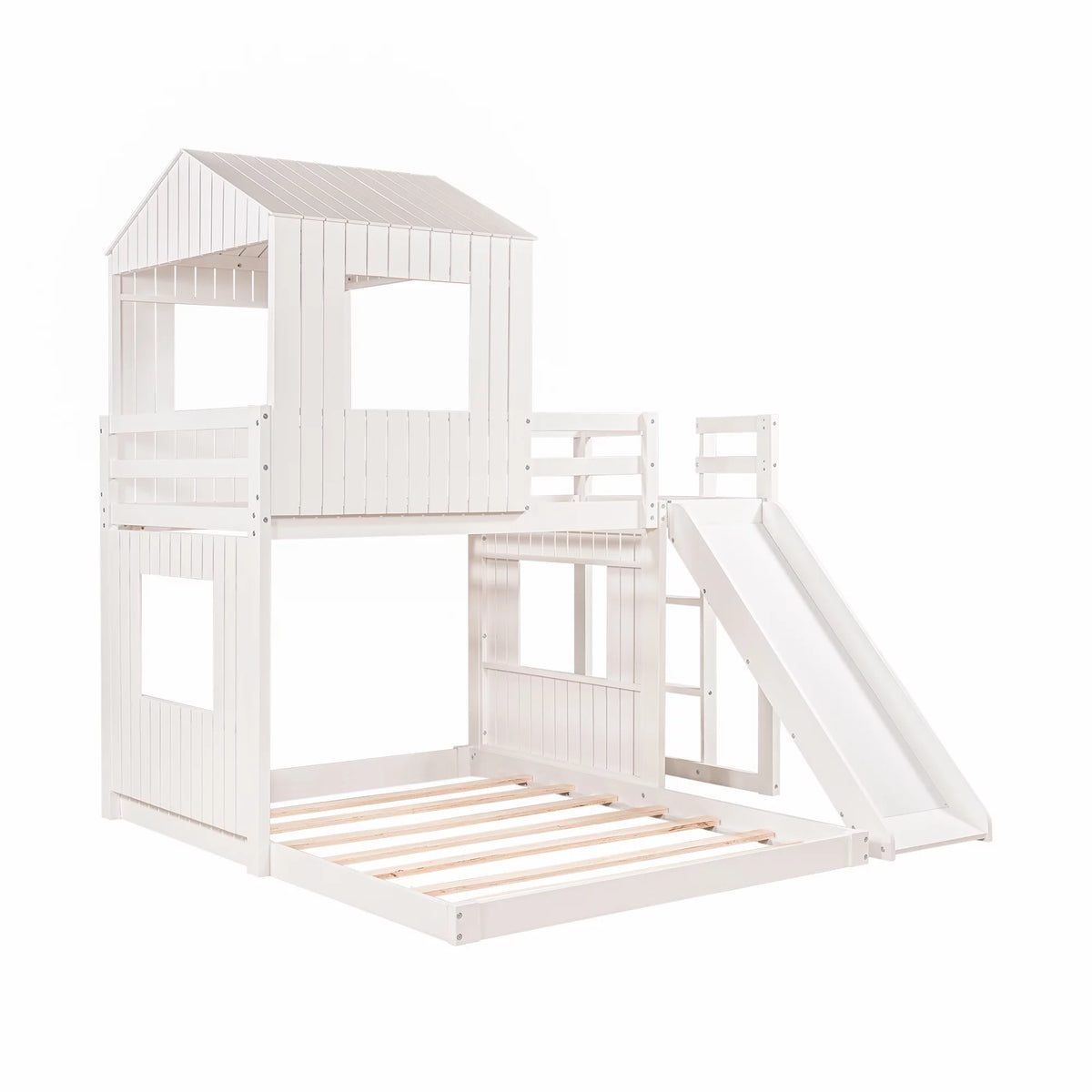 White Wooden Twin Over Full Bunk Bed with Ladder, Slide and Guardrails A6757
