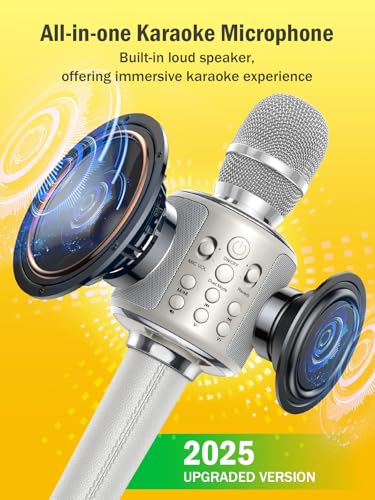 Wireless Bluetooth Karaoke Microphone with Built-in Speaker, Reverb, Duet Mode, Gray K9649