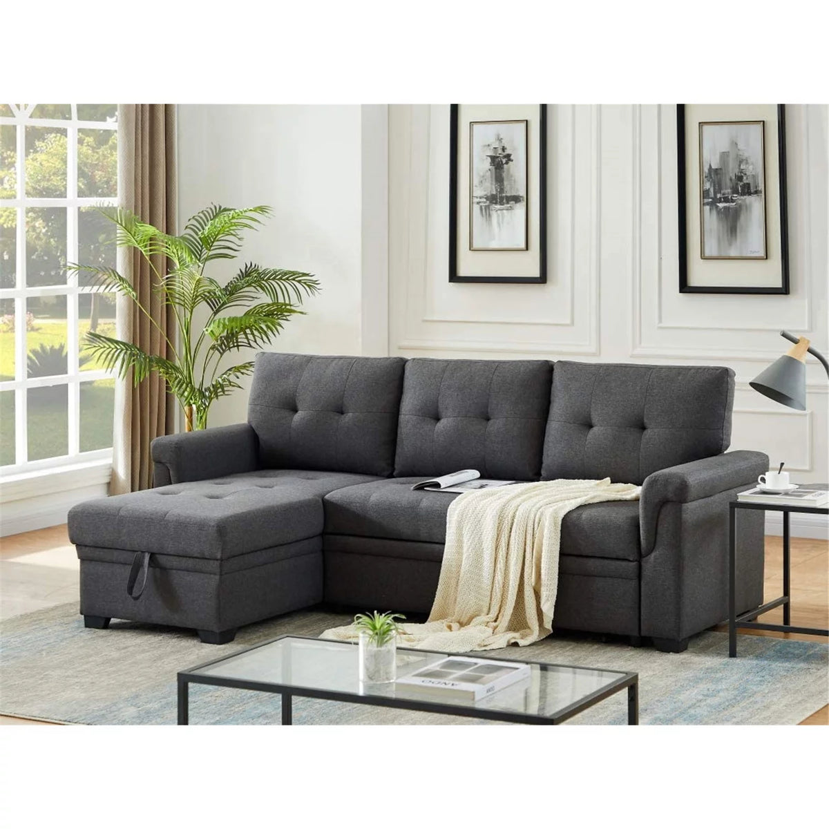 Dark Gray Linen Reversible Sleeper Sectional Sofa with Storage Chaise Q543327