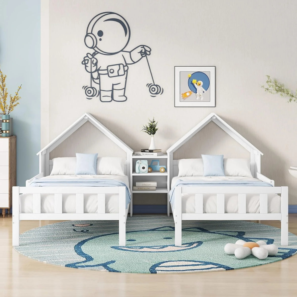 Wood Double House Bed with House-Shaped Headboard and Built-In Nightstand D913301