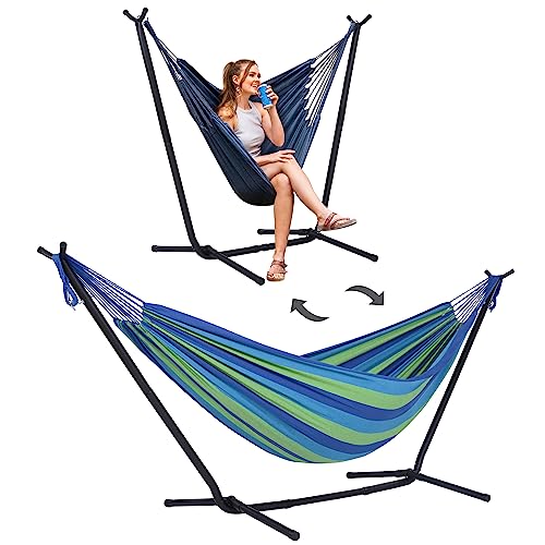2-in-1 Hammock Chair with Stand, 475 lbs Capacity, Blue Stripe V4349