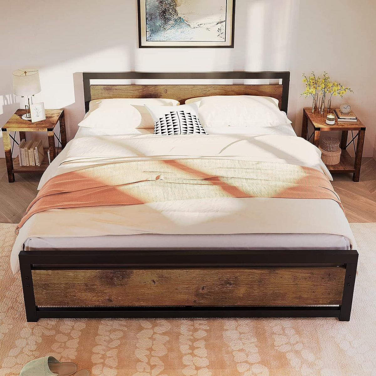 King Size Wooden Headboard Metal Bed Frame D957551