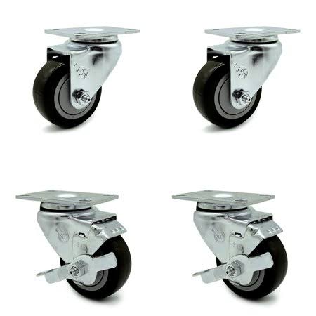3 inch Black Polyurethane Swivel Top Plate Caster Set with 2 Brakes N107330