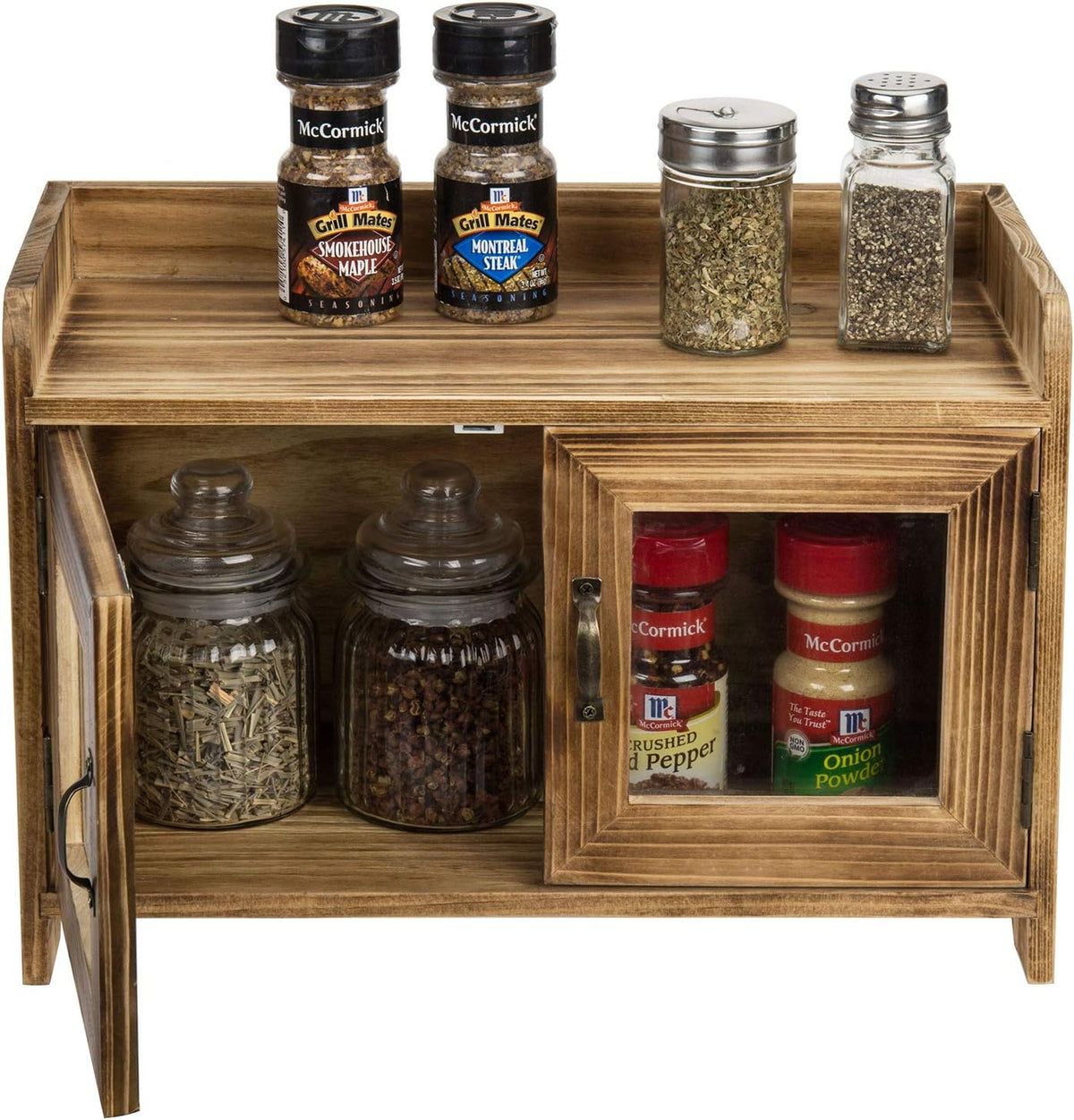 Dark Brown Wood Counter Top Storage Cabinet with Glass Windows A52683