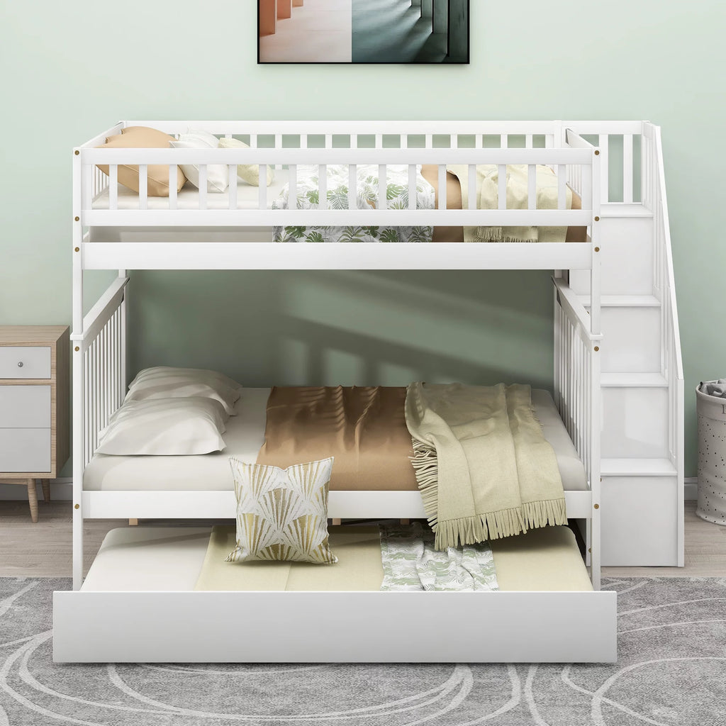 White Full over Full Bunk Bed with Trundle and Storage Shelves A2155