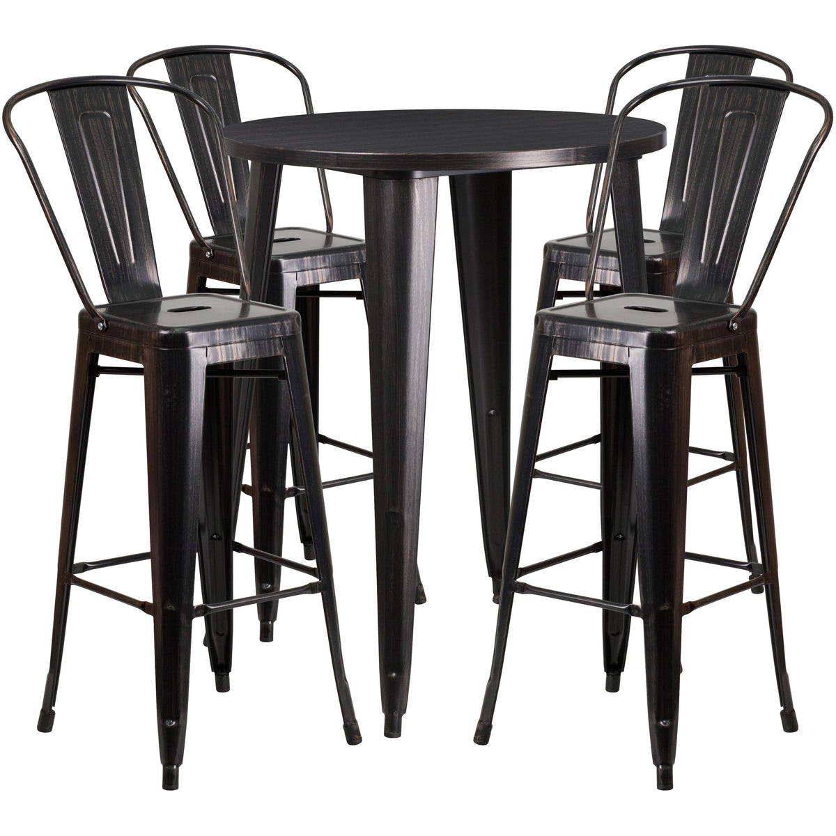 Black-Antique Gold Metal Indoor-Outdoor Bar Table Set with 4 Cafe Stools U561