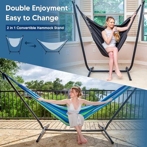2-in-1 Hammock Chair with Stand, 475 lbs Capacity, Blue Stripe V4349